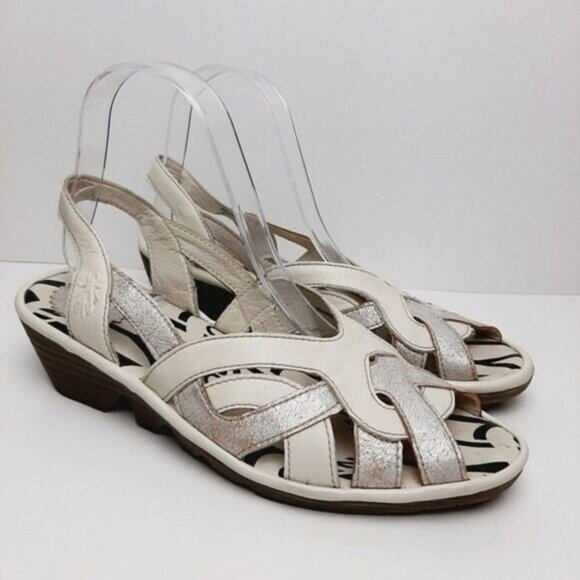FLY LONDON Strappy Wedge Sandals Slingbacks White & Silver Sz 7.5 - Picture 2 of 15